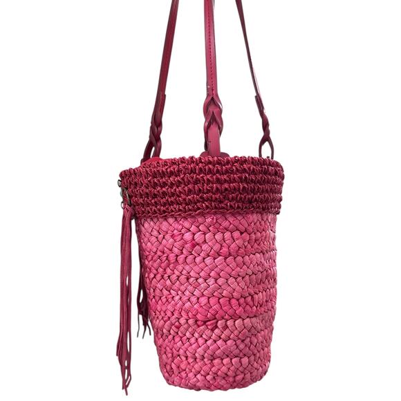 Boho Red Woven Bucket Bag Fringe Western Concho Beaded Shoulder Purse 10x7 - Picture 4 of 12
